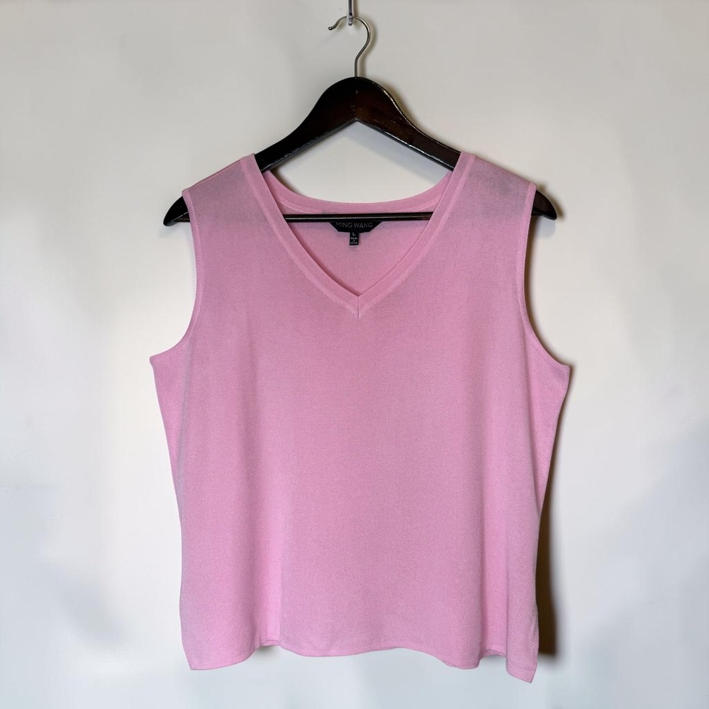 Ming Wang Sleeveless Knit Tank Top Minimalist Career Elevated Pink V Neck Large